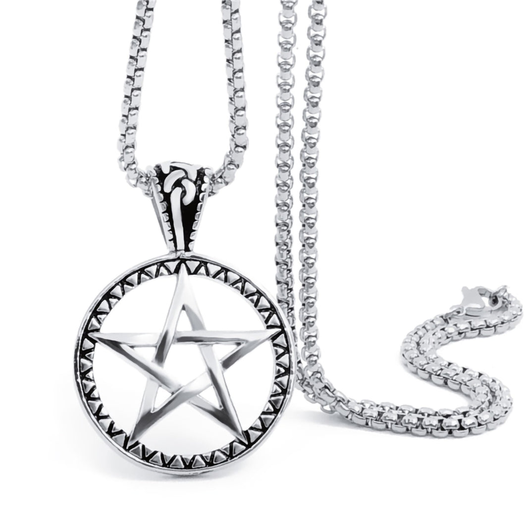 GUNGNEER Celtic Wicca Pentagram Star Stainless Steel Pendant Necklace Box Chain Men Women