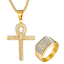Load image into Gallery viewer, GUNGNEER Egypt Crystal Ankh Cross Charm Necklace Geometric Ring Stainless Steel Jewelry Set