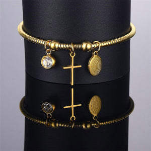 GUNGNEER Men Religious Christian Cross Bracelet Necklaces Stainless Steel Jesus God Jewelry Set