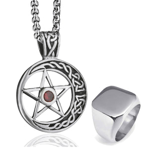 GUNGNEER Stainless Steel Wicca Celtic Moon Pentagram Pendant Necklace Signet Ring Jewelry Set