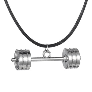 GUNGNEER Barbell Charm With Black Leather Pendant Necklace Fitness Gym Jewelry Men Women