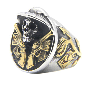 GUNGNEER Stainless Steel Cool Double Guns Skull Pirate Ring Biker Gothic Protection Jewelry