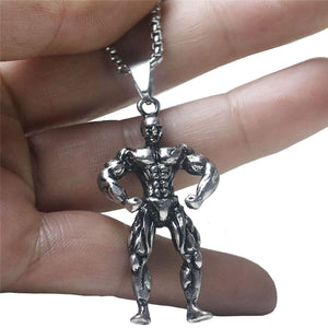 GUNGNEER Muscle Man Pendant Necklace Stainless Steel Strong Sport Gym Jewelry for Men Women