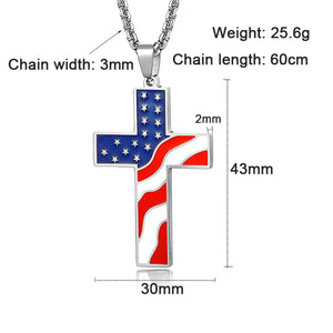 GUNGNEER Stainless Steel Christian Cross Amerian Flag Necklace God Jewelry For Men Women