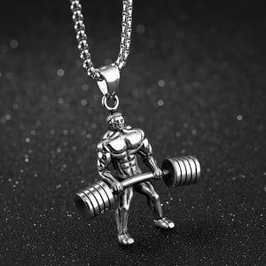 GUNGNEER Stainless Steel Fitness Muscular Man Weightlifting Pendant Necklace Workout Jewelry