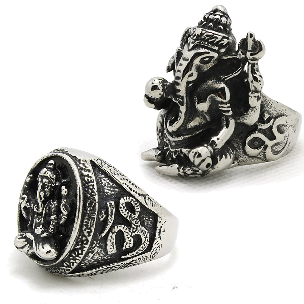 GUNGNEER Stainless Steel Lord Ganesha Lotus Om Ring Buddha Ring Jewelry Set For Men