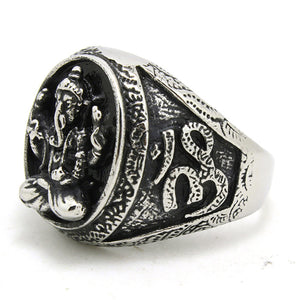 GUNGNEER Lord Ganesha Lotus Om Ring Stainless Steel Hindu Jewelry Accessory For Men