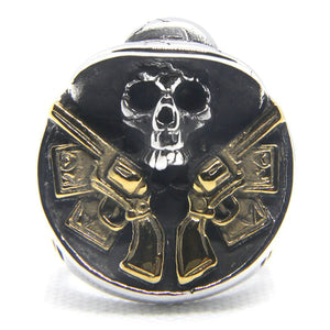 GUNGNEER 2 Pcs Stainless Steel Cool Double Guns Skull Pirate Ring Biker Protection Jewelry Set