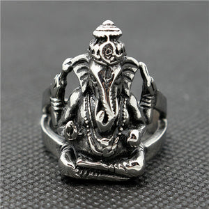 GUNGNEER Stainless Steel Spiritual Elephant Ganesha Om Ring Elephant Ring Jewelry Set For Men