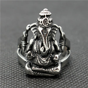 GUNGNEER Spiritual Elephant Ganesha Om Ring Stainless Steel Hindu Jewelry Amulet For Men