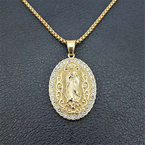 GUNGNEER Stainless Steel Iced Out Round Virgin Mary Pendant Necklace Christian Jewelry Women