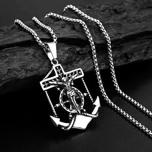 GUNGNEER Men's Anchor Jesus Cross Necklace Signet Ring Stainless Steel Nautical Jewelry Set