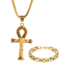 Load image into Gallery viewer, GUNGNEER Stainless Steel Ankh Cross Necklace Link Chain Bracelet Pyramid Pharoh Jewelry Set