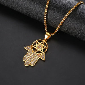 GUNGNEER Hamsa Hand David Shield Necklace Jewish Star Pendant Jewelry Gift For Men Women