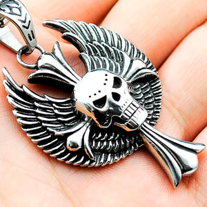 GUNGNEER Punk Wings Skull Cross Pendant Necklace Stainless Steel Gothic Biker Halloween Jewelry