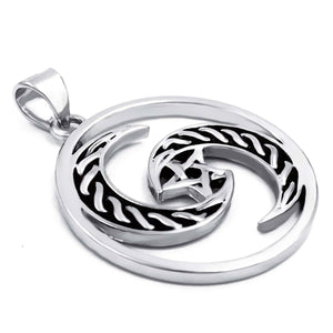 GUNGNEER Crescent Moon Pentagram Wicca Stainless Steel Pendant Necklace Band Ring Jewelry Set