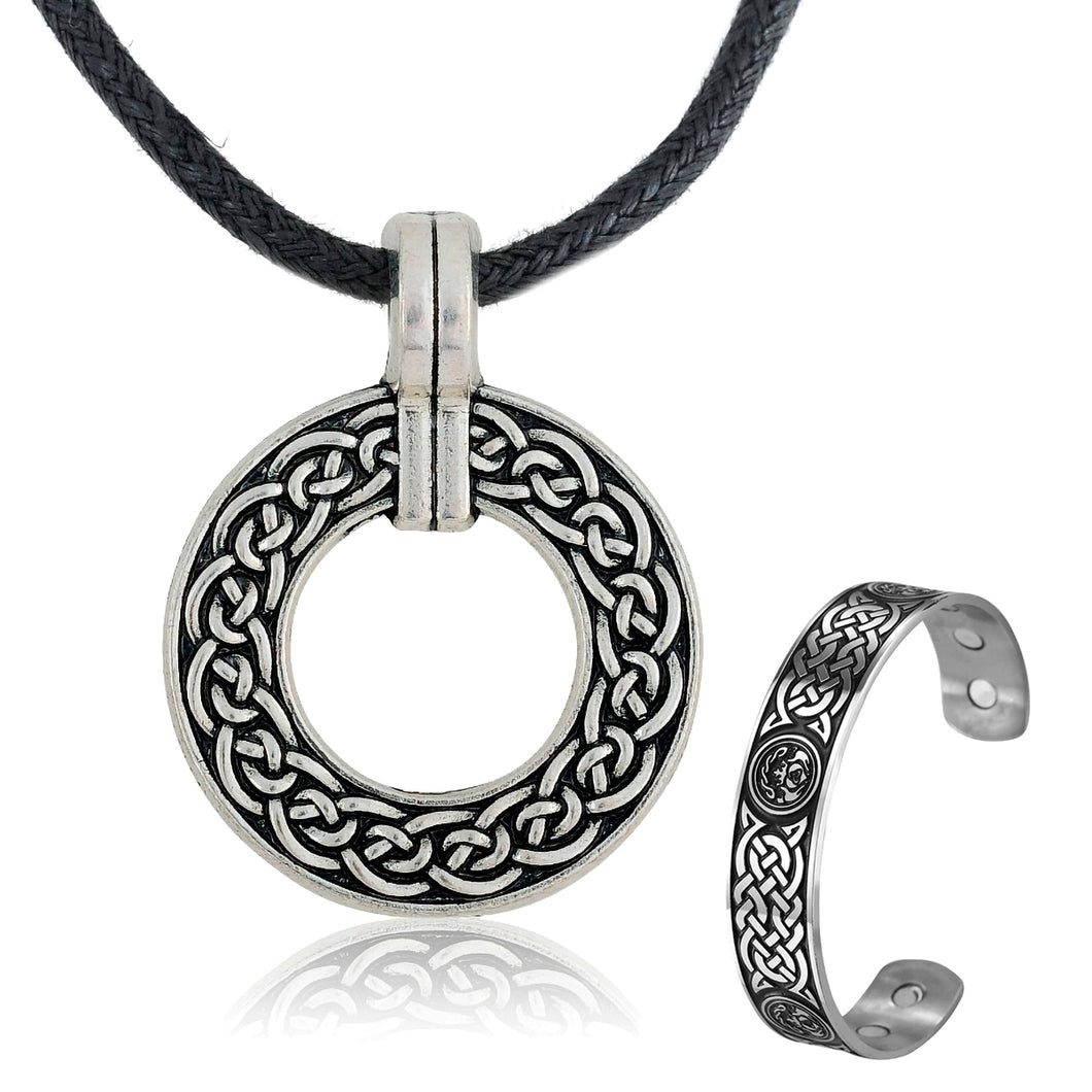 GUNGNEER Circular Celtic Knots Stainless Steel Pendant Necklace Infinity Bracelet Jewelry Set