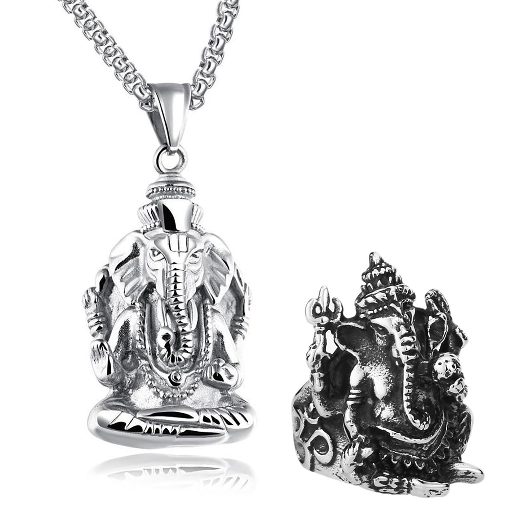 GUNGNEER Ganesha Om Pendant Necklace Indian Elephant Ring Hinduism Jewelry Set For Men Women