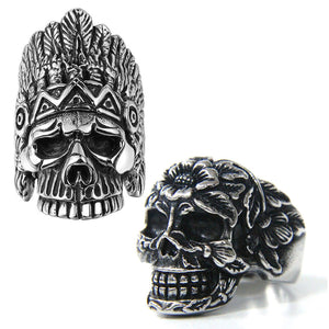 GUNGNEER 2 Pcs Tribal Skull Biker Ring Stainless Steel Gothic Halloween Jewelry Set Men Women