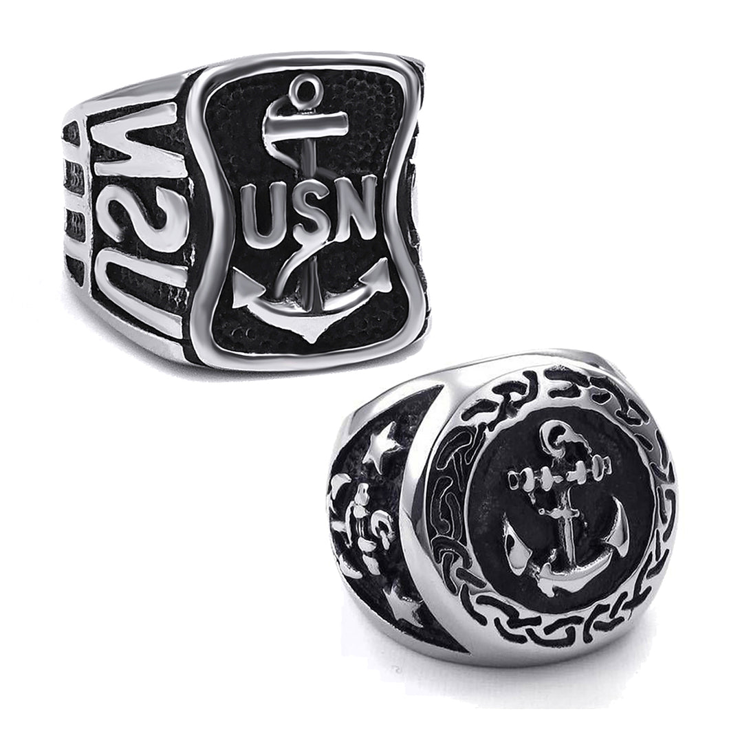 GUNGNEER 2 Pcs Men Stainless Steel US Navy Anchor Ring Nautical Sailor Jewelry Accessory Set