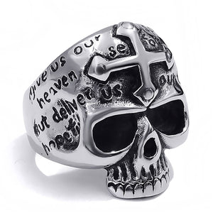 GUNGNEER Stainless Steel Skull Cross Necklace Horror Biker Ring Halloween Jewelry Set Men Women