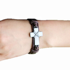 GUNGNEER Genuine Leather Cross Bracelet Christian Cross Jewelry Accessory For Men Women