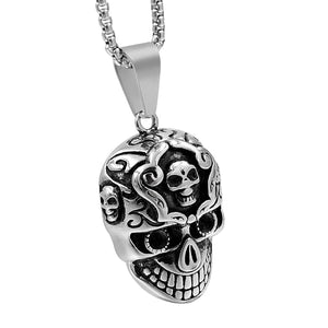 GUNGNEER Stainless Steel Sugar Floral Skull Skeleton Pendant Necklace Biker Jewelry Men Women