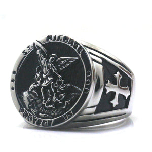 GUNGNEER 2 Pcs Men Stainless Steel Archangel St Michael Christopher Protect Us Ring Jewelry Set