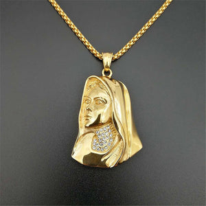 GUNGNEER Stainless Steel Iced Out Crystal Mother Virgin Mary Pendant Necklace Jewelry