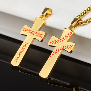 GUNGNEER Baseball Cross Necklace with Leather Bracelet Sporty Stainless Steel Jewelry Set