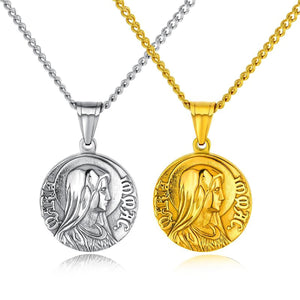 GUNGNEER Virgin Mary Round Stainless Steel Pendants Necklaces Chain Jewelry for Men Women
