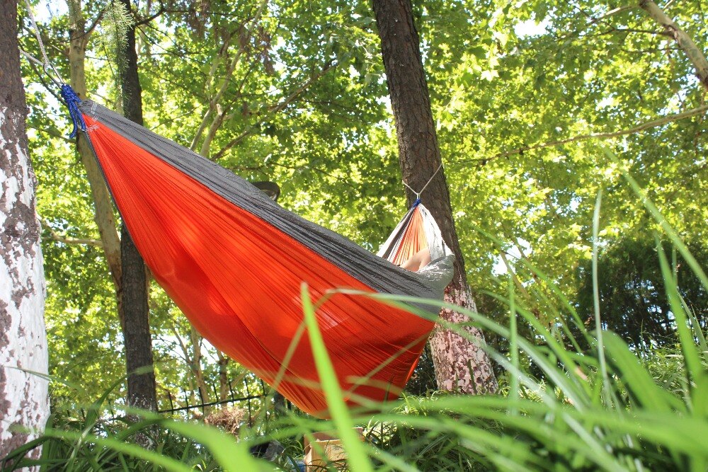 2TRIDENTS Nylon Camping Hammock - Lightweight Portable Hammock, Parachute Double Hammock for Backpacking, Camping, Travel, Beach, Yard (Purple+ Grey)