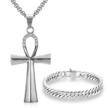 Load image into Gallery viewer, GUNGNEER Egyptian Ankh Cross Necklace Cuban Chain Bracelet Stainless Steel Pyramid Jewelry Set
