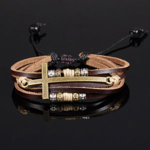 GUNGNEER Jesus Cross Bracelet Multilayer Leather Christian Jewelry Accessory For Men Women