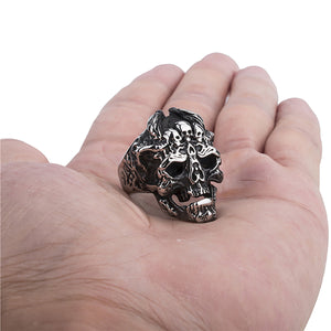 GUNGNEER Silver Tone Skull Stainless Steel Biker Ring Halloween Jewelry Accessories Men Women