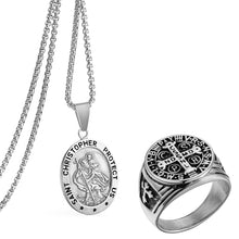 Load image into Gallery viewer, GUNGNEER Stainless Steel St Christopher Necklace Faith Cross Ring Prayer Protect Us Jewelry Set