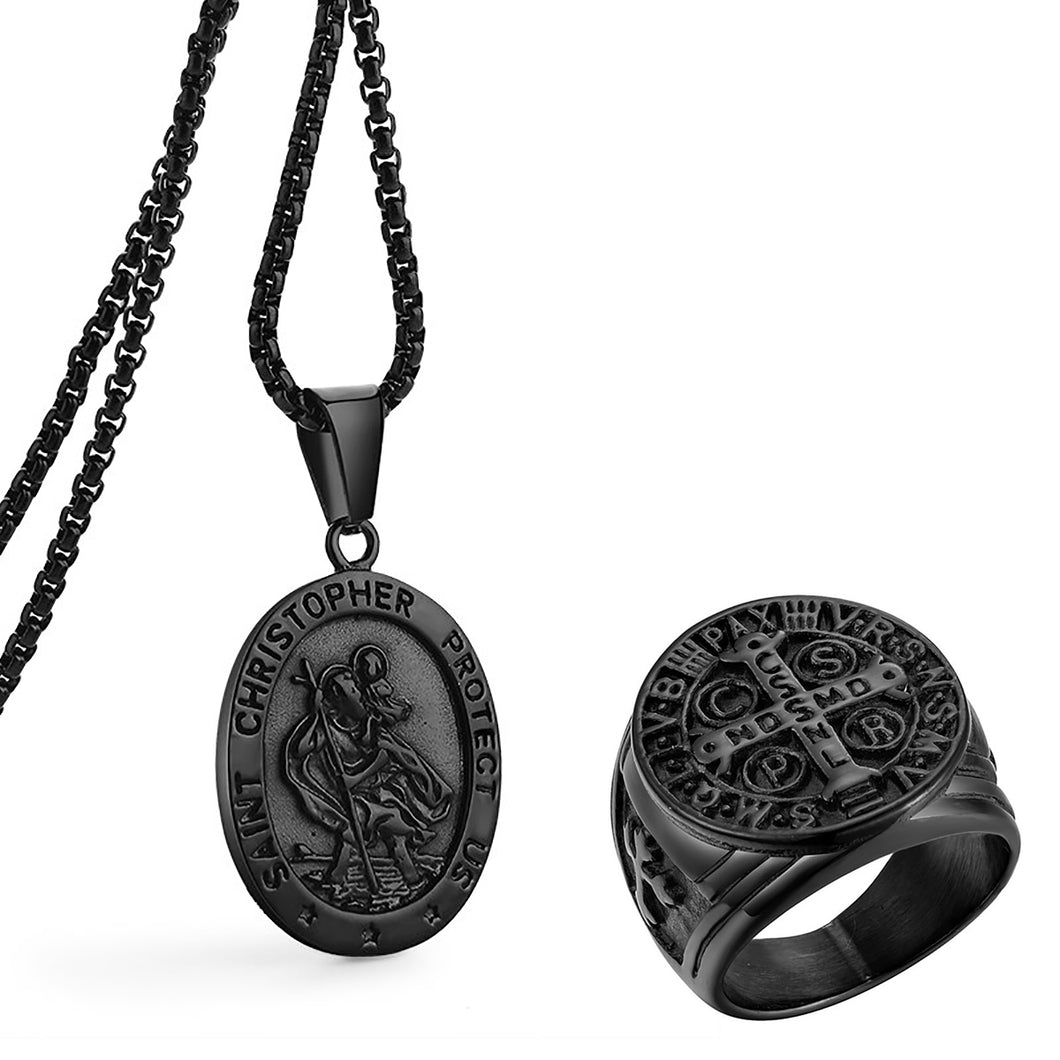 GUNGNEER Stainless Steel St Christopher Necklace Faith Cross Ring Prayer Protect Us Jewelry Set