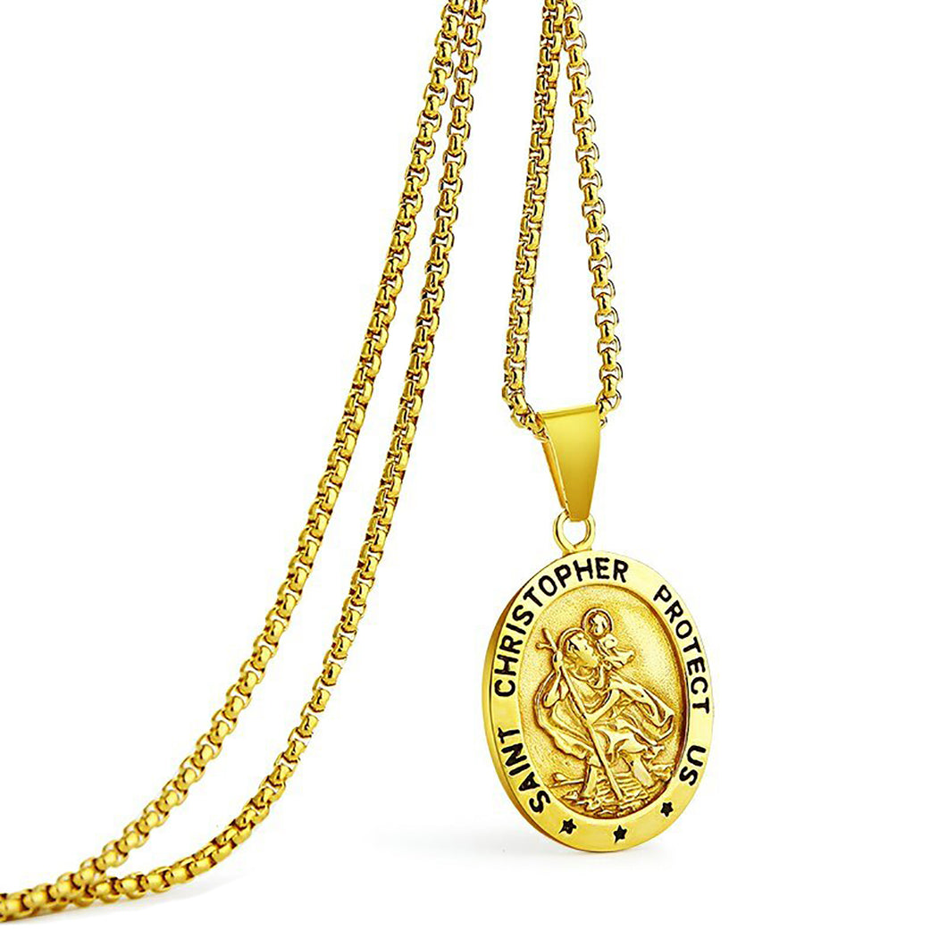 GUNGNEER St Christopher Necklace Prayer Protect Us Stainless Steel Jewelry For Men Women