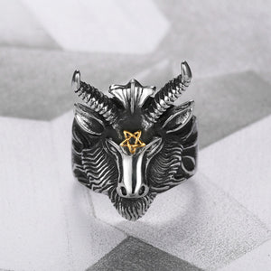 GUNGNEER Stainless Steel Multi-size Baphomet Ring Satanic Goat Head Jewelry Gift For Men