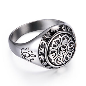 GUNGNEER Stainless Steel Om Ring Lotus Mantra Six Words Pendant Necklace Jewelry Set For Men
