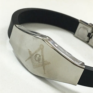 GUNGNEER Black Masonic Bracelet One Size Stainless Steel Rubber Freemason Jewelry For Men