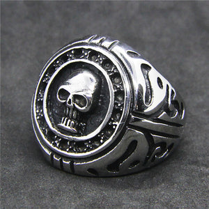 GUNGNEER Round Skull Biker Ring Stainless Steel Gothic Punk Protection Jewelry Men Women