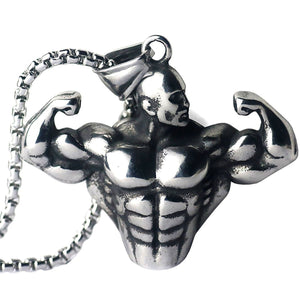 GUNGNEER Workout Strong Man Pendant Necklace Stainless Steel Fitness Gym Jewelry for Men Women