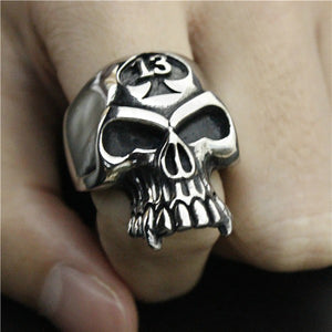 GUNGNEER Stainless Steel Spade Skull Biker Gothic Halloween Ring Lucky 13 Motor Biker Jewelry Men