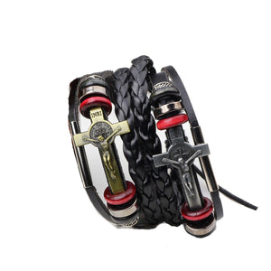 GUNGNEER Genuine Leather Jesus God Cross Necklace Christian Jewelry Gift For Men Women