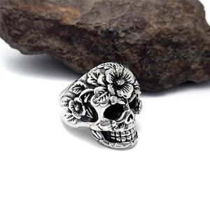 GUNGNEER Stainless Steel Gothic Punk Floral Skull Ring Strength Jewelry Accessories Men Women