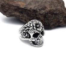 Load image into Gallery viewer, GUNGNEER Stainless Steel Punk Floral Skull Ring Leather Bracelet Strength Jewelry Set Men Women