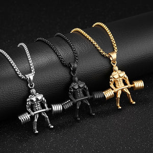 GUNGNEER Stainless Steel Fitness Muscular Man Weightlifting Pendant Necklace Workout Jewelry