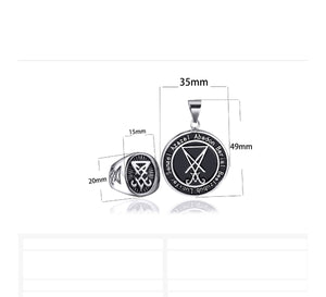 GUNGNEER Set Sigil Of Lucifer Ring And Pendant Necklace Satan Symbol Jewelry For Men