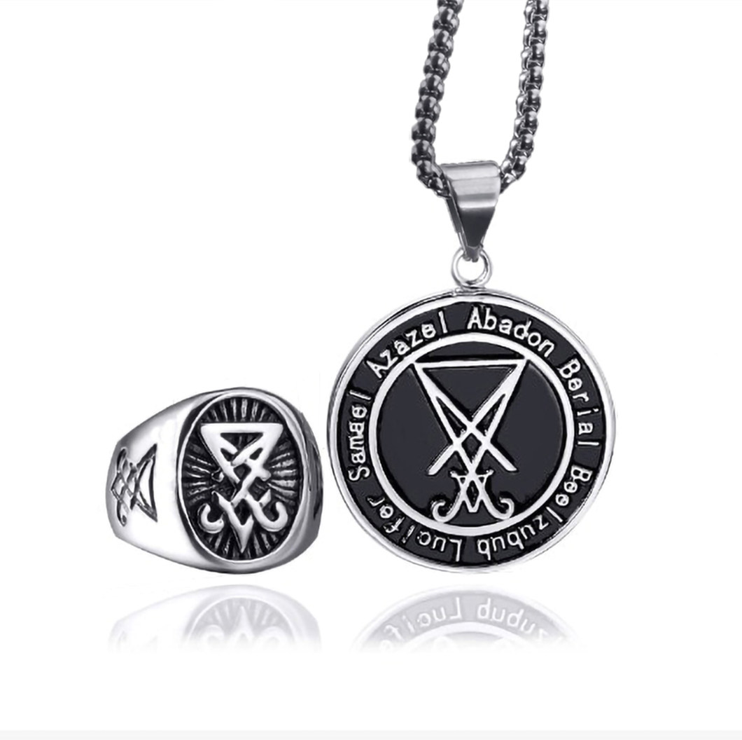 GUNGNEER Set Sigil Of Lucifer Ring And Pendant Necklace Satan Symbol Jewelry For Men